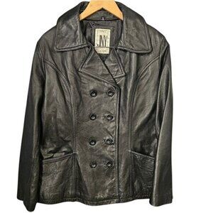 Jones New York Womens Black Leather Jacket Double Breasted